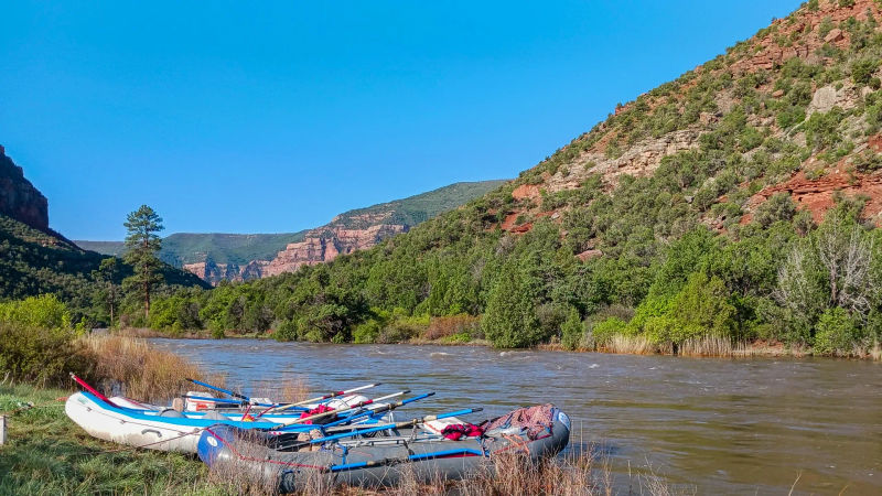 Rafts at an overnight campsite on the Ponderosa Gorge section of the Dolores River