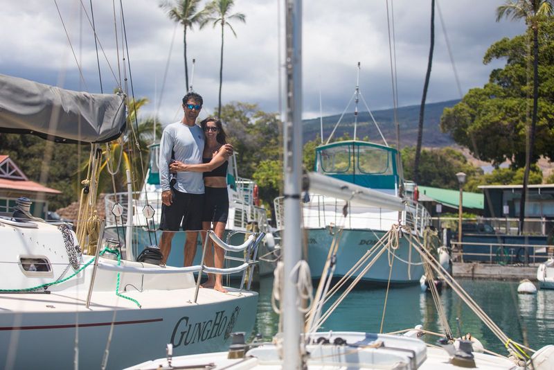 Keahi Ho and Ali Grimes aboard their Lidgard 37 boat named GungHo before it as lost in the Aug. 8, 2023 wildfire while moored in Lahaina Harbor. Courtesy photo