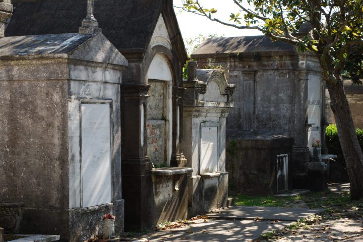 A series of five above-ground tombs in Lafayette Cemetery #1 in a line next to each other with a magnolia tree in front.