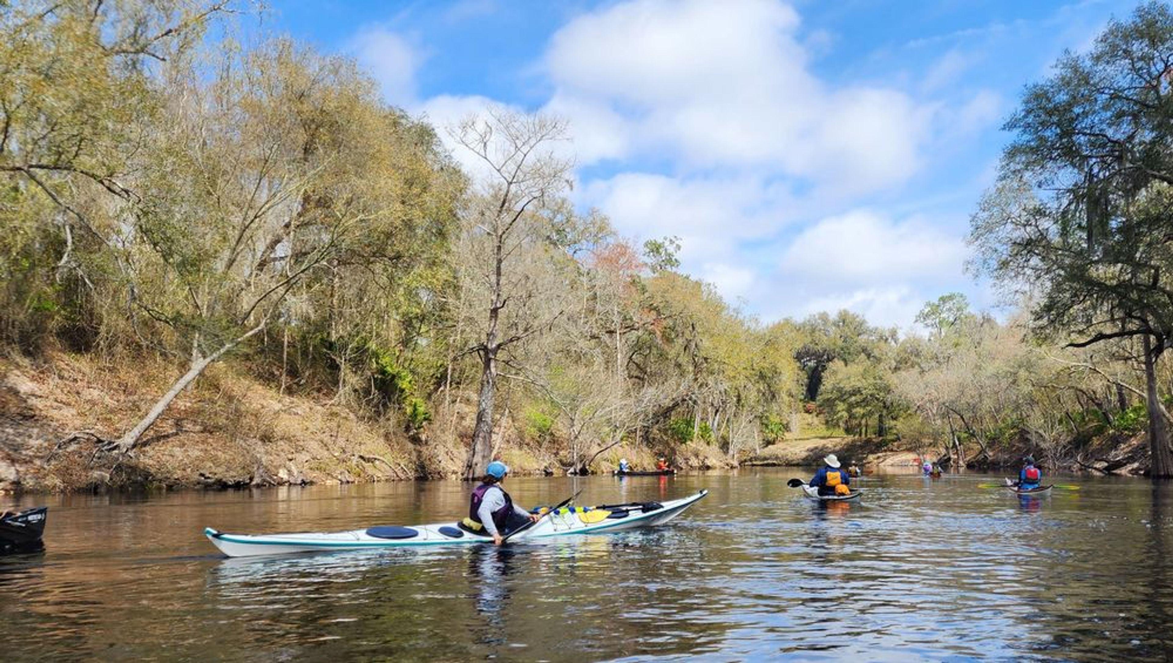 Small group of sea kayakers paddling the Suwannee River through wild Florida wilderness on a multi-day kayak expedition with Venture Outdoors