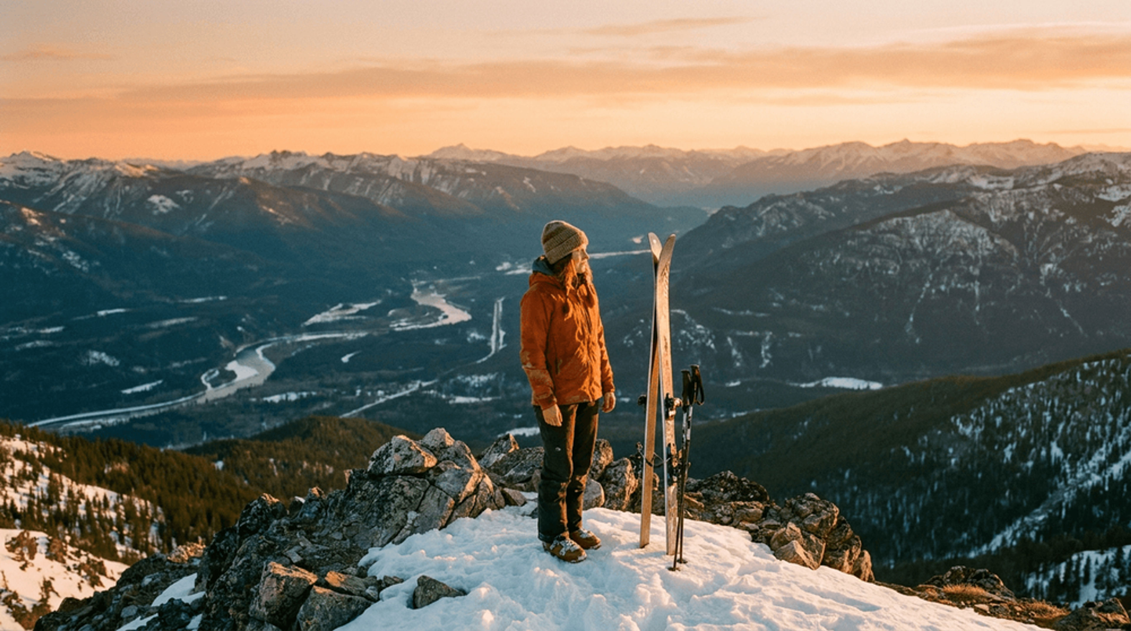 Skier at mountain summit overlooking multiple mountain ranges and valleys in Montana