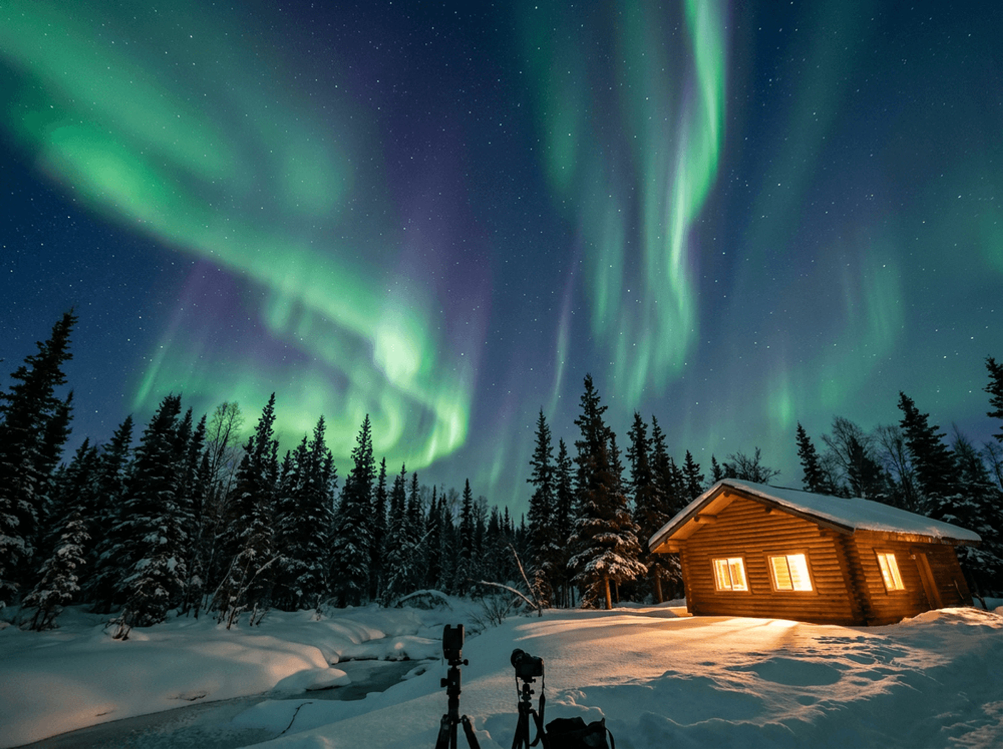 Northern lights illuminating the night sky above snow-covered trees and a glowing cabin