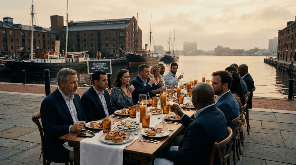 Tour group dining at waterfront restaurant table with Baltimore Inner Harbor and historic buildings in background