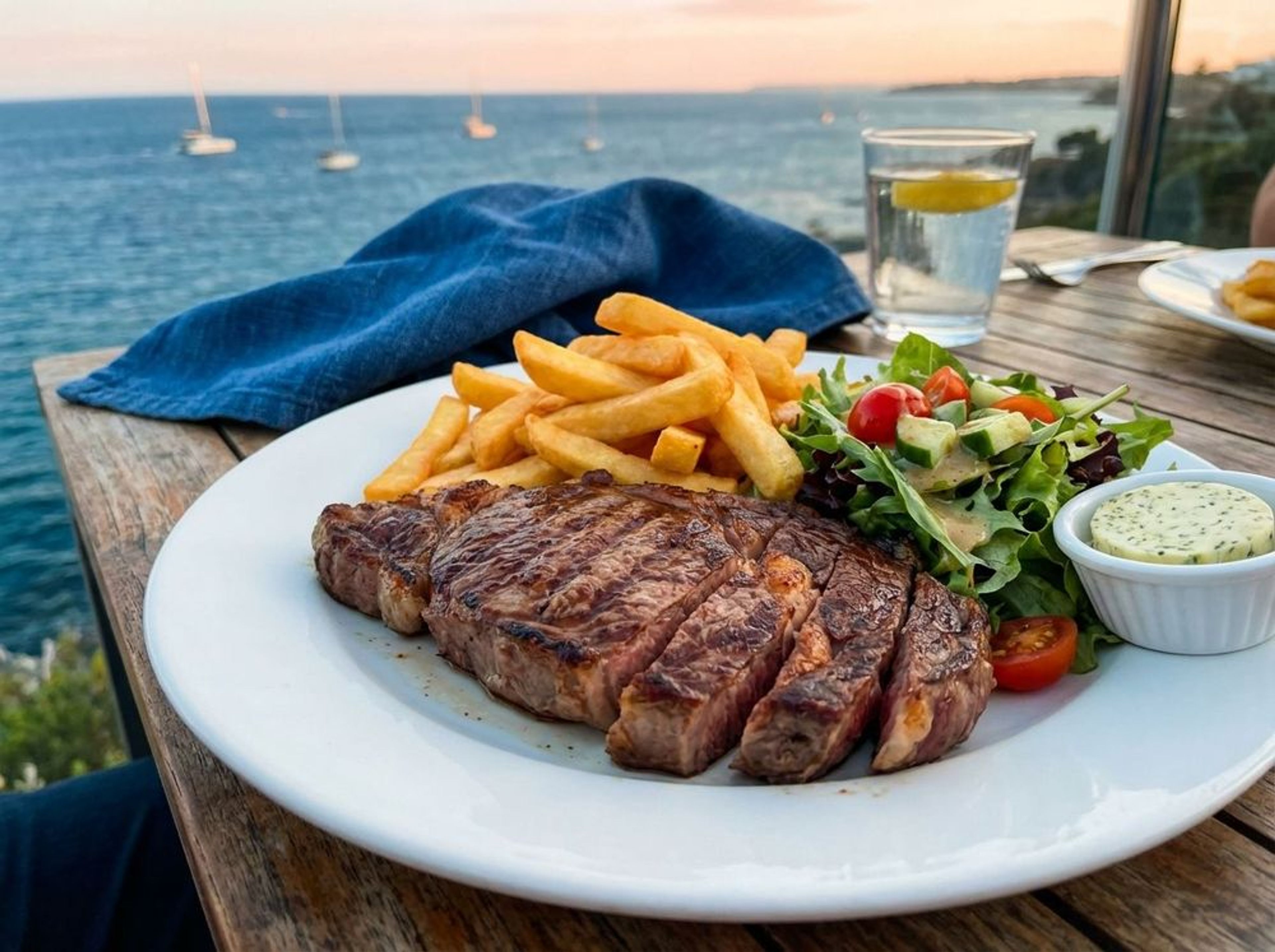 Grilled steak dinner with fries and salad on white plate