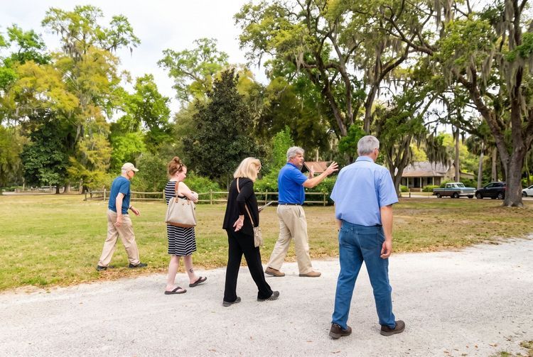Guide leading a walking tour group under live oaks in Beaufort