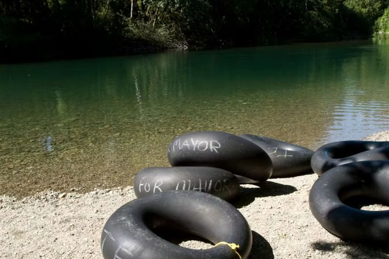 tubes sitting at the edge of the Yampa River in Steamboat Springs, CO