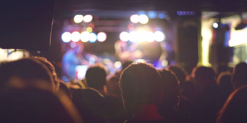 people standing looking at a stage during the Four Corners Folk Festival