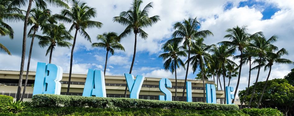 Vibrant view of Bayside Marketplace entrance with lush palm trees and iconic signage in Miami.