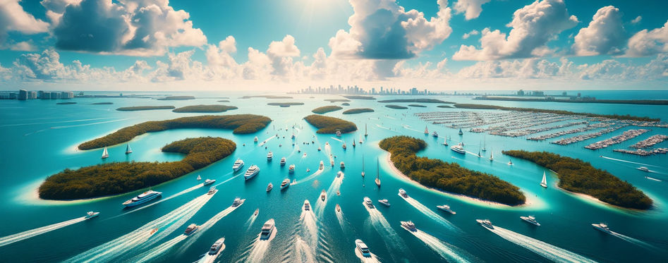 Aerial view of boats navigating through Biscayne Bay's turquoise waters among Miami's lush green islands with the city skyline in the distance on a bright sunny day.