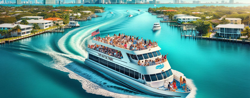 A vibrant double-decker "Miami's Top Water Tours" boat cruising through the sparkling waters of Biscayne Bay with Miami's famous celebrity homes and stunning skyline in the background
