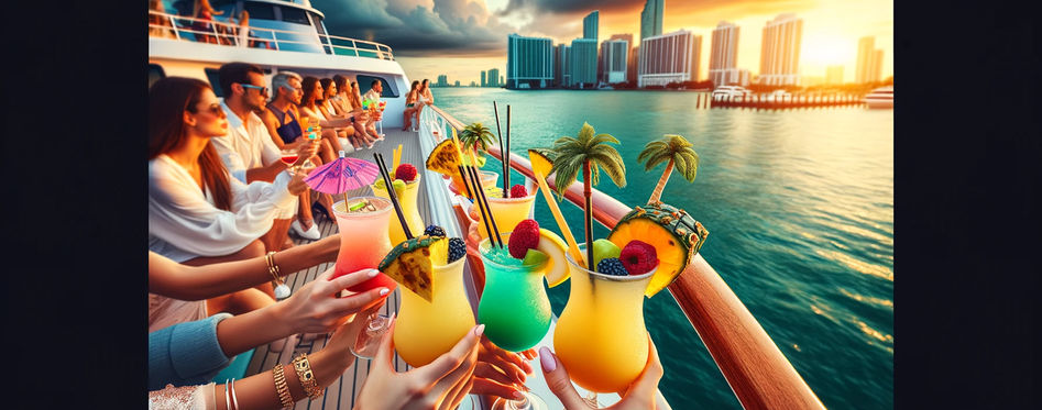 Guests toasting with colorful tropical cocktails on a Miami boat tour