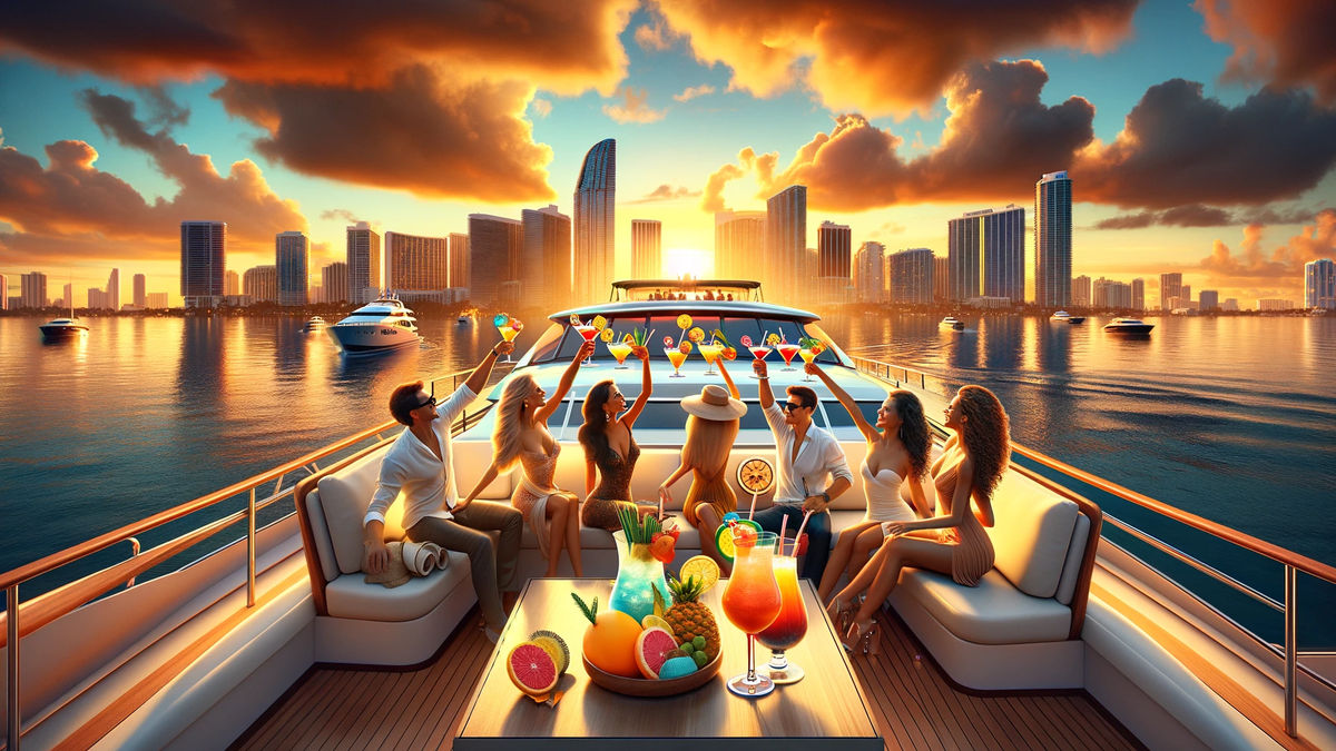 Guests toasting with colorful tropical cocktails on a Miami boat tour