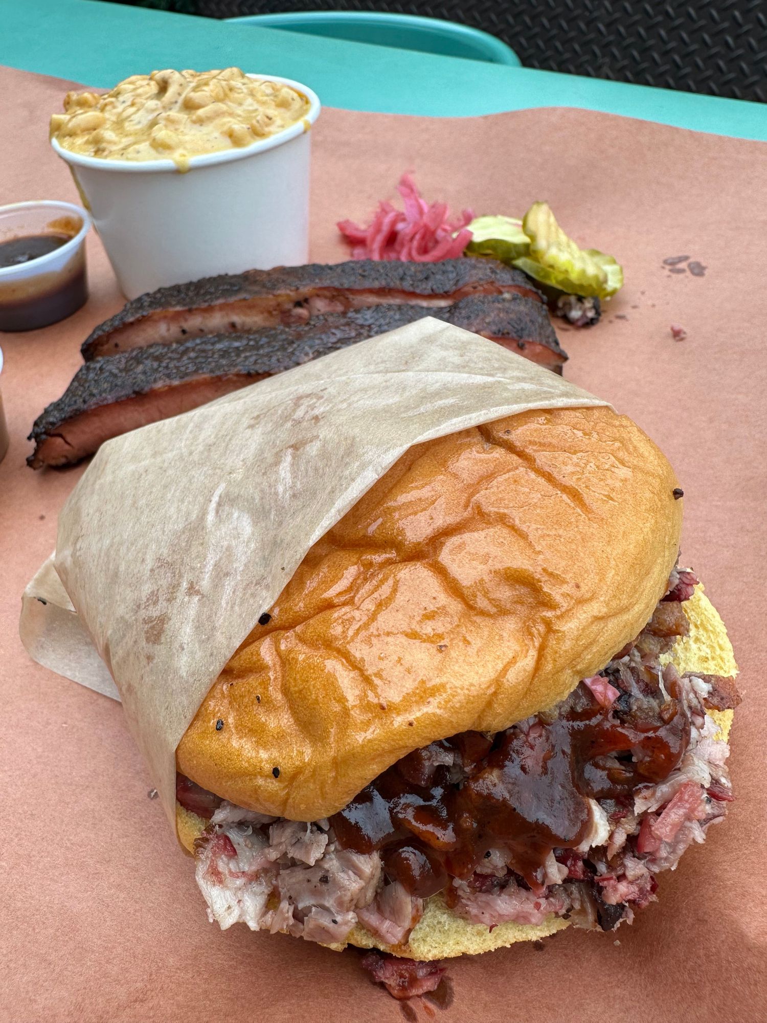 Bark Barbecue chopped brisket and chicharon sandwich