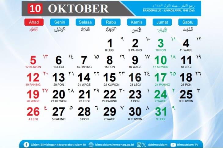 Kalender Oktober 2025 Lengkap dengan Tanggal Merah, Weton, dan Hari Besar