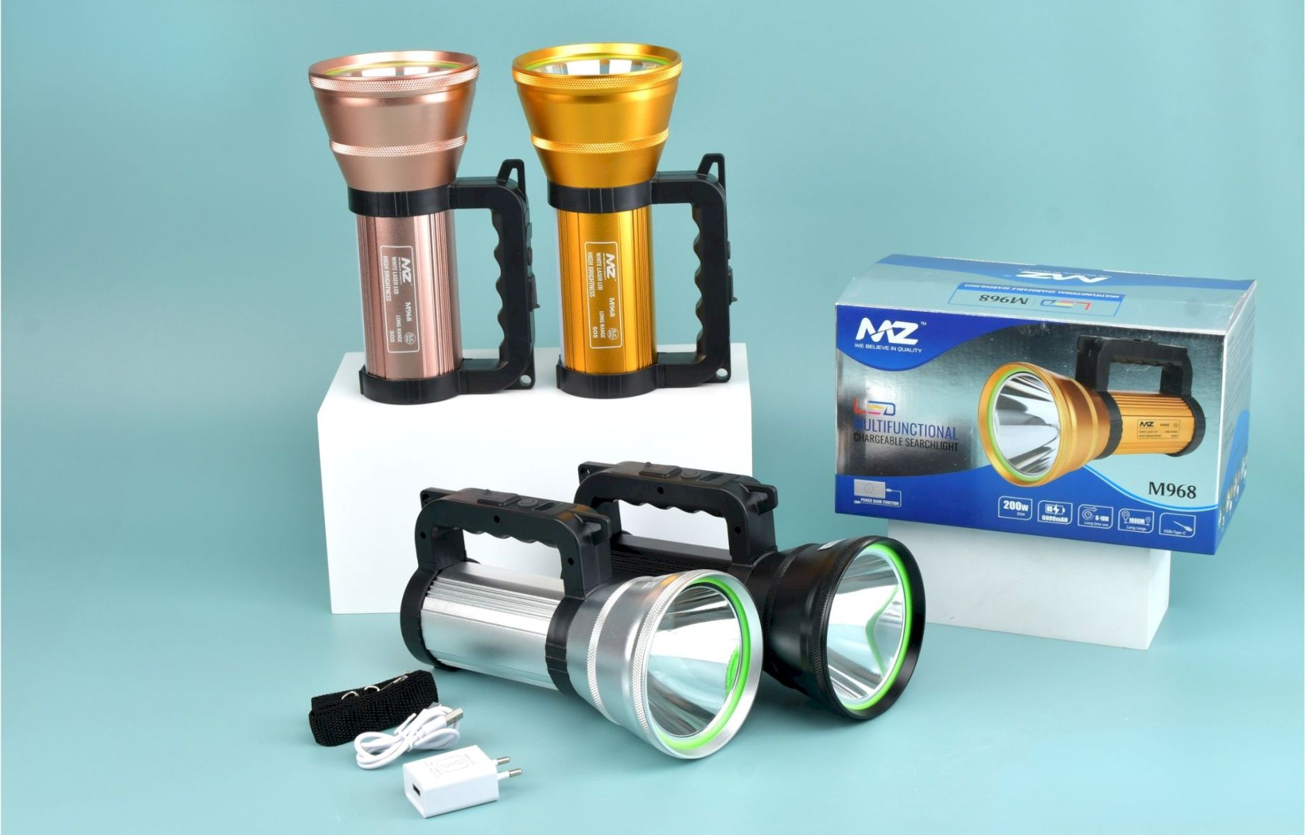M968 (RECHARGEABLE LED SEARCH LIGHT) Multifunctional 5 Modes, 200W