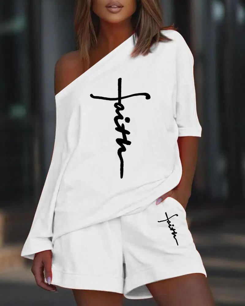 Description Picture 3 of itemWomen Loose Printing Suit Women 2-Piece Suit Summer Long Sleeve Off-Shoulder Slash Neck T-shirt Mid Waist Straight Shorts Suit