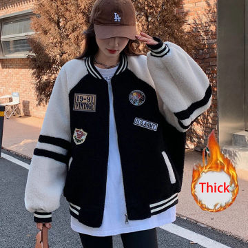 Jmprs Winter Thick Faux Lamb Baseball Coat Women Harajuku Loose Letter Patchwork Jacket Korean Streetwear Warm Bf Casual Outwear