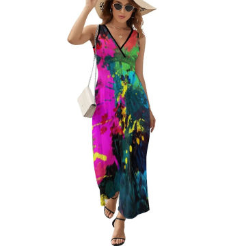 Glow in Dark Splatter Neon Dress FemaleSexy Maxi Dress V Neck Sleeveless Aesthetic Design Boho Beach Long Dresses