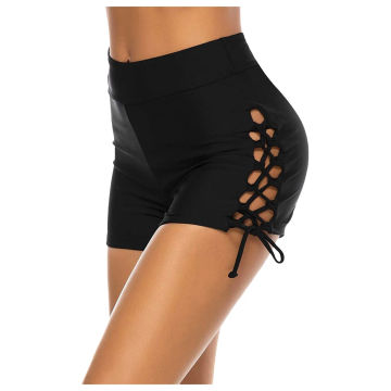 Women Hollow out Sports Shorts Sexy  High Waisted Drawstring Swim Shorts Ruched Tummy Control Swimsuit Bottom Female Slim Shorts