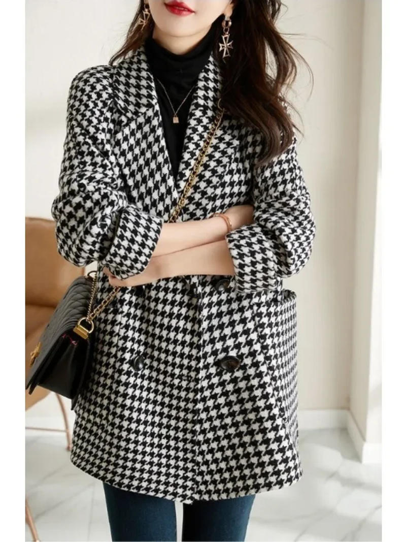 Description Picture 5 of itemWomen Coat Plaid Woolen Coat for Women's Autumn Winter Overcoat Korean Fashion Mid Length Coat for Women's Clothing Tops