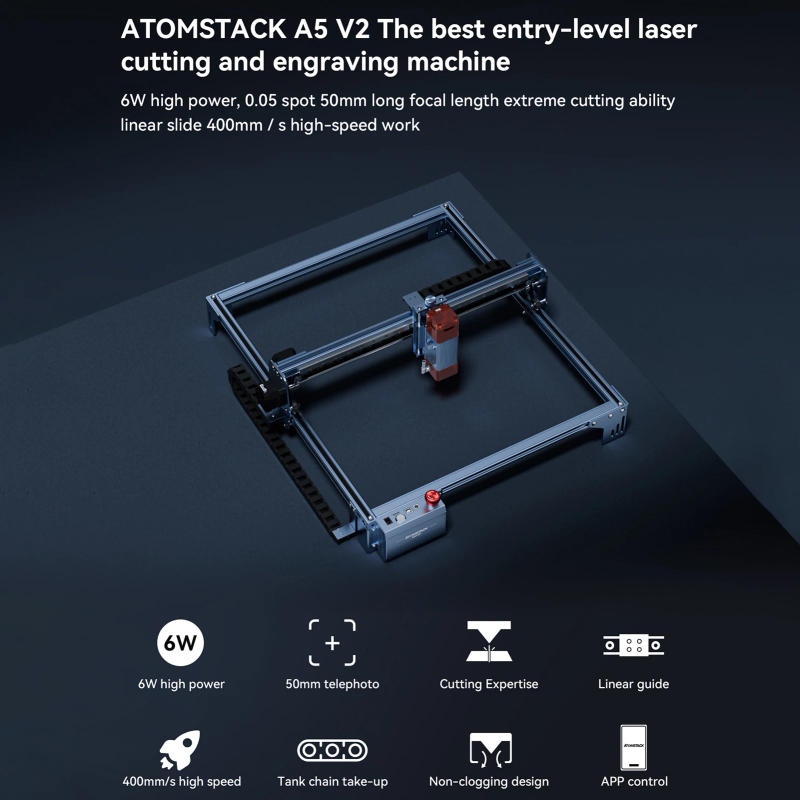 Description Picture 6 of itemAtomstack Maker A5 V2 Laser Engraver High Speed Engraving Cutting Machine Fixed-Focus Ultra-thin 6W Laser with 400x400mm Area