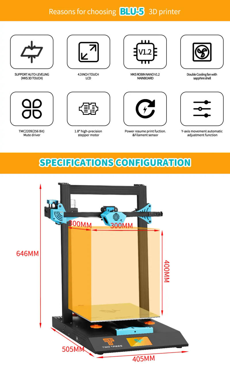 Description Picture 3 of itemTwotrees 3D Printer Bluer Plus BLU-5 I3 Mega PEI Magnetic Steel Platform 3D Touch Hotbed Auto Leveling Print Area 300x300x400mm