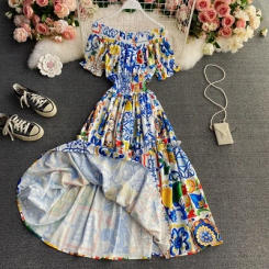 Banulin 2023 Women Summer Bohemian Porcelain Printed Flower Dress Off Shoulder Puff Sleeve Elastic Waist Runway Midi Dress B7218