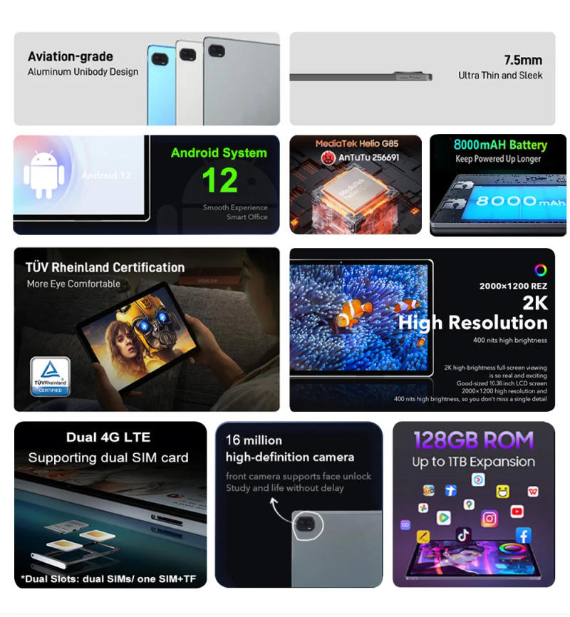 Description Picture 4 of item2023 New Nenmone Tab10 2000*1200 Display 10.36 Inch 4G Tablet Android 12 Octa Core Laptop 2 In 1 Kids Gift 13MP Camera 8000mAH