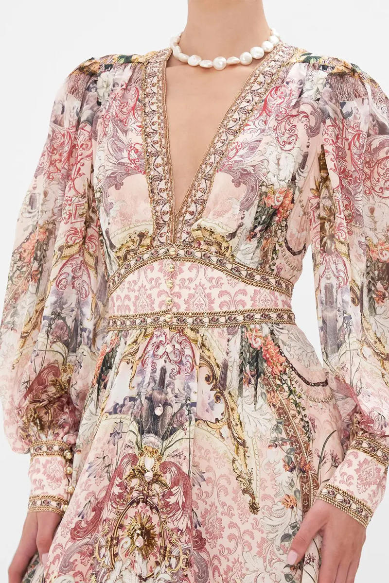 Description Picture 6 of item2023 Autumn/Winter New Vintage Pink Flower Pattern Silk Print Gold Button Deep V-Neck Lantern Sleeve Long Dress woman maxi skirt