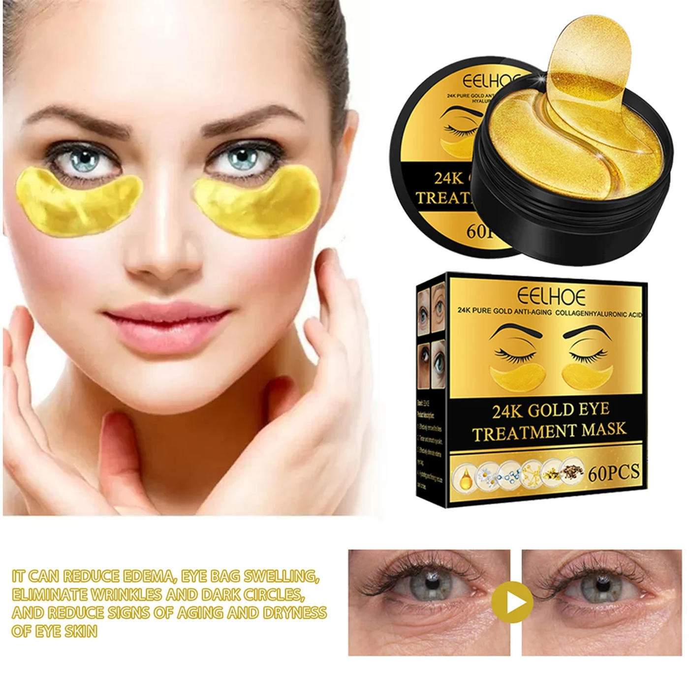 Description Picture 6 of item24K Gold Collagen Eye Patches Anti Aging Crystal Collagen Eye Mask Patches Anti Puffiness 60pcs Moisturizing Eye Mask Patches