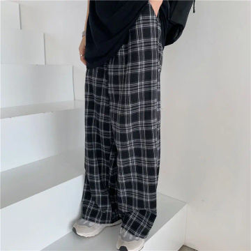 S-3XL Plaid Pants Women Casual Loose Wide Leg Trousers With Pocket Ins Retro Teens Straight Trousers Hip-hop Unisex Streetwear