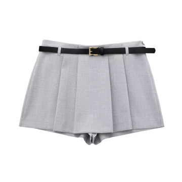 TRAF Women Fashion With Belt Pleated Shorts Skirts Vintage High Waist Side Zipper Female Skort Mujer