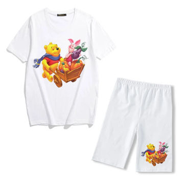 Disney Summer Two Piece Set Cute Winnie The Pooh Print Women Fashion Tracksuit Casual T-Shirts Tops And Jogging Shorts Sport Set