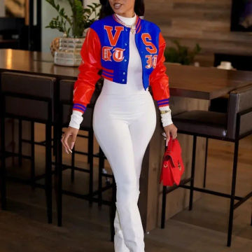 Letter Print Varsity Jacket Women PU Leather Patchwork Long Sleeve Single Breasted Slim Crop Coat Top Casual Streetwear Outwear