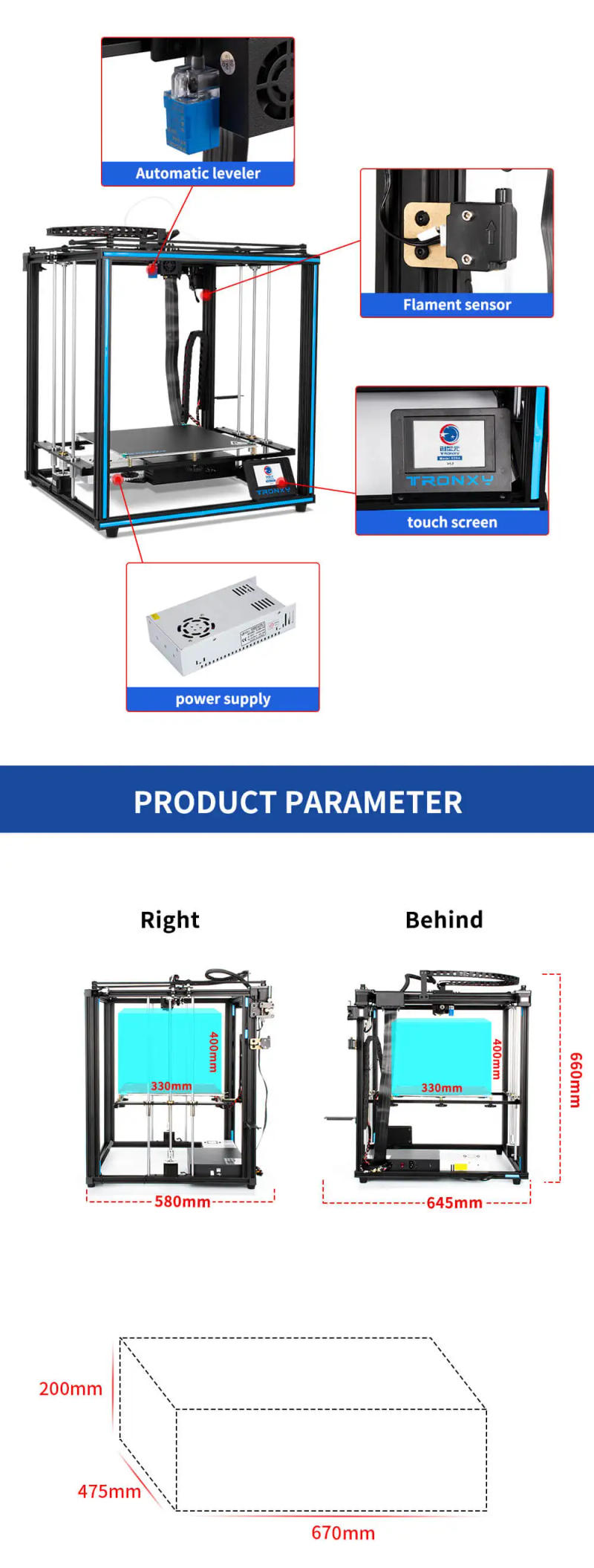 Description Picture 6 of itemTronxy 3D Printer X5-500 PRO FDM Linear Guide Rail and Titan Extruder Size 500*500mm Ultra-quiet Auto Level Impresora 3D Kit