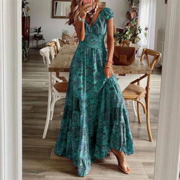 2023 Summer Long Dresses Women Bohemian Elegant Vintage Floral Print V-Neck Robe Beach Holiday Casual Big Swing Maxi Dresses