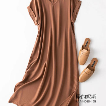 Women 100% Mulberry Silk 19 momme Thick Crepe Silk Midi Dress V neck Short Sleeve Side Slit Long Dress  L XL MM112