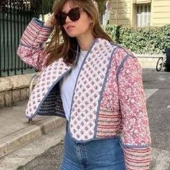 TRAFZA Jacket For Women Autumn Floral Print Quilted Reversible Cotton Coat Cardigan Long Sleeve Jackets Elegant Woman Streetwear