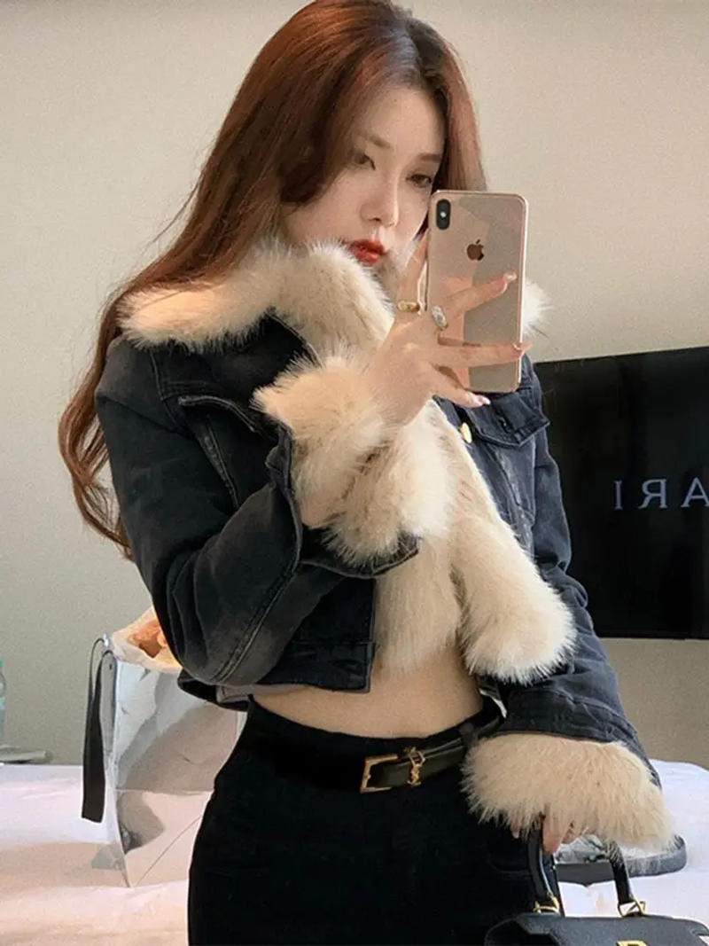 Description Picture 2 of itemDesign Sense Niche Patchwork Fur Collar Jacket Denim Short Coat Women Autumn Winter 2023 New Outerwear Casual Versatile Street