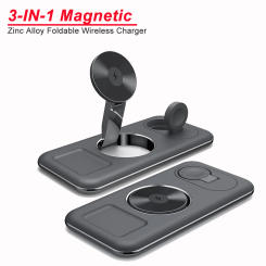 3-in-1 Alloy Zinc Foldable Magnetic Wireless Charger Stand Pad for iPhone 15 14 iWatch AirPods Macsafe Charging Docking Station