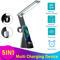 15W Wireless Charger Alarm Clock Desk Lamp for IPhone 13 12 11 XS Pro Max 5in1 Fast Charging Station for Apple Watch AirPods Pro