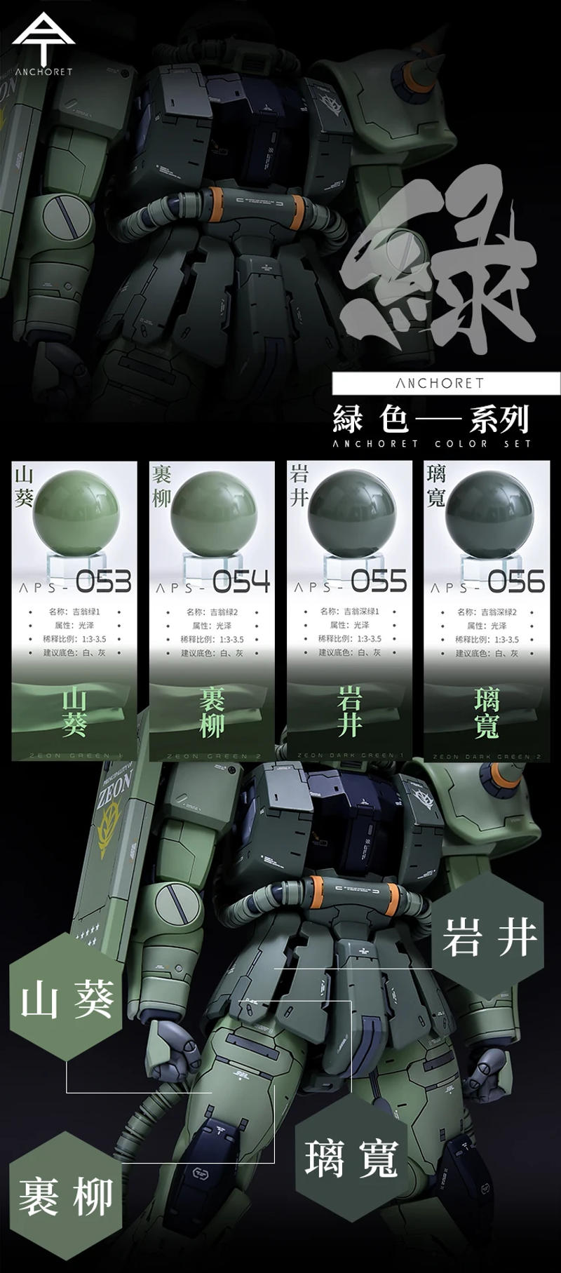 Description Picture 4 of itemANCHORET Model Oil Based Paint Pigments AT Green Series 053-056 Nitrocellulose Lacquer Zhagu Jiweng 30ml  Model Specific