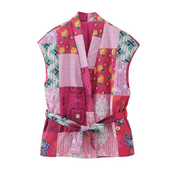 TRAFZA 2023 Autumn Fashion Woman Vest Floral Patchwork Printed Sleeveless V Neck Belt Waist Casual Vests Vintage Chic WaistCoat