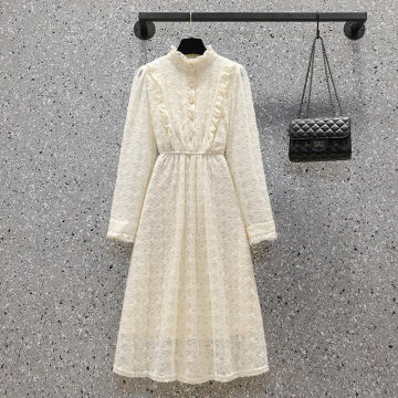 Spring Summer White Lace Jacquard Midi Dress Women Korean Fashion Boho Beach Sundress 2023 New Long Sleeve Elegant Bodycon Dress