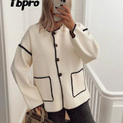 Fashion Patchwork Knitted Short Coat Women O-neck Long Sleeve Single Breasted Pocket Overcoat 2023 Autumn Chic Female Streetwear