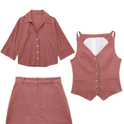 TRAFZA Female V-Neck Sleeveless Pockets Vests+Turn-Down Collar Long Sleeve Single Breasted Shirts+High Waist Zipper Culottes