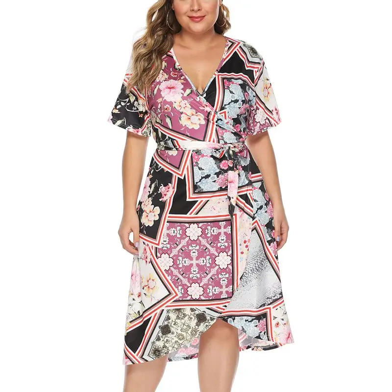 Description Picture 6 of itemSummer plus size fashion dress 5XL 6XL 7XL retro print women's sexy deep V-neck bandage short sleeve irregular dress.