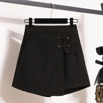 Women's High Waist Patchwork Pockets Woolen Shorts Autumn Winter Fashion Solid Color Elastic Waist Loose Wide Leg Trouser Skirts