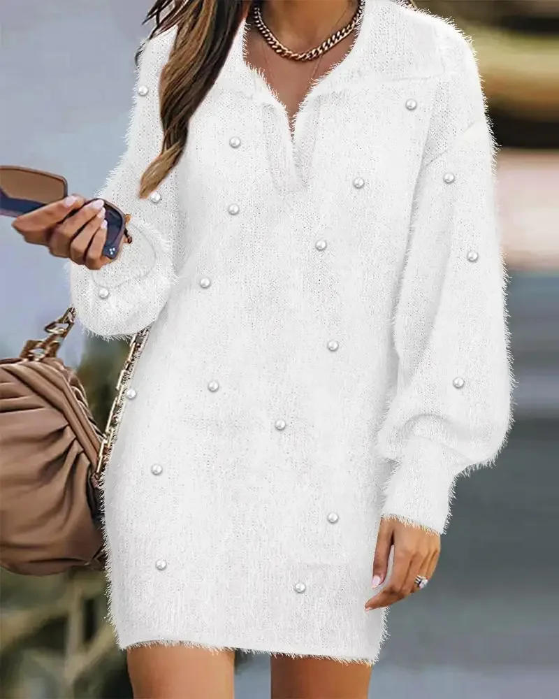 Description Picture 6 of itemWaterarea Women Fashion Knit Ribbed Long Sleeve V-neck Slim Sweater Style Pearl Beading Dresses