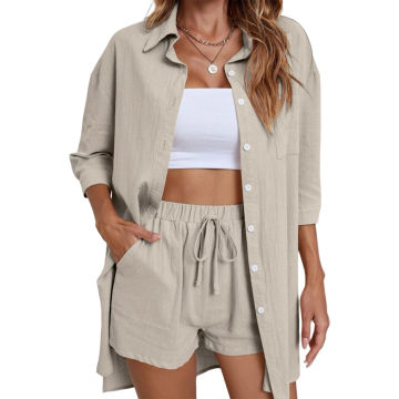 Women Two-piece Top and Shorts Long Sleeve Shirt Tops Short Suits Lyocell Casual Loose Fashion Solid Summer Clothes